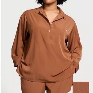 Victoria's Secret Luxe Crepe Long Sleeve Women's Top. Color is Caramel